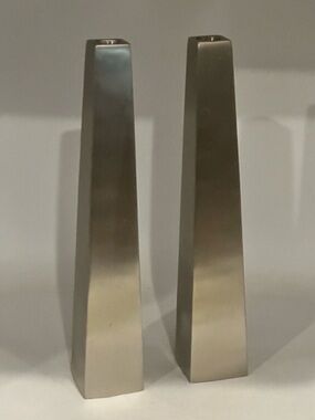 Pottery Barn Brushed Silver Metal Tapered Candlestick Holders Pair 10” Modern